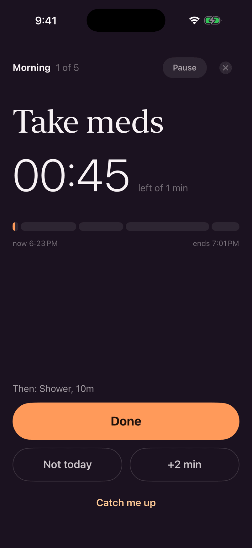 The runner mid-step: “Take meds” in large serif type, a 45-second countdown, a segmented time bar, and a big amber Done button