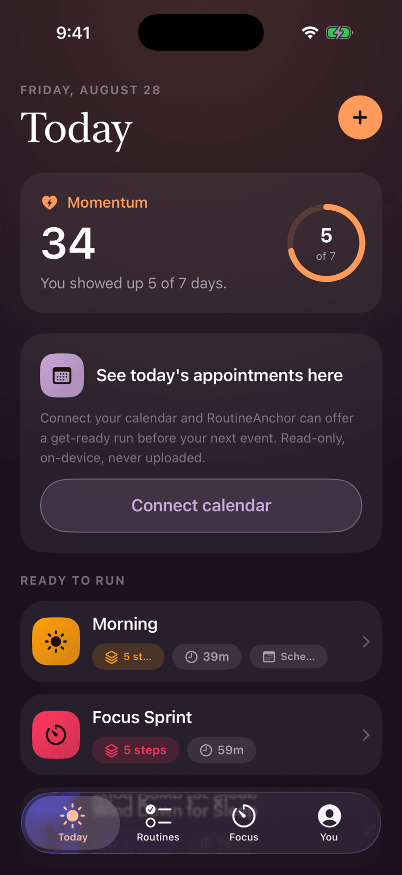 RoutineAnchor's Today screen: a Momentum card showing a score of 34 and “You showed up 5 of 7 days,” above Morning and Focus Sprint routines ready to run